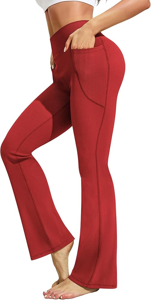 Pinspark Womens Flare Yoga Pants Ribbed Bootcut Leggings High Waisted Flares Bottom Workouts Pant... | Amazon (US)