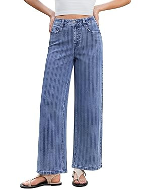 GRAPENT Striped Jeans for Women Trendy High Waisted Wide Leg Dressy Casual Slight Stretch Denim P... | Amazon (US)