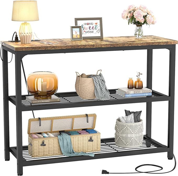 Ecoprsio Console Table with Outlets, Sofa Table with Double Mesh Shelves, Industrial Entryway Tab... | Amazon (US)
