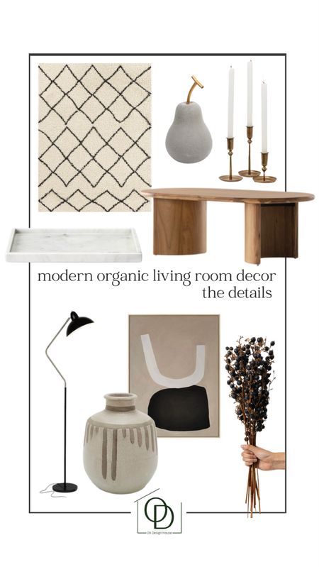 Modern organic living room decor. 

Moroccan geometric area rug, wabi sabi decor, wabi sabi wall art, tall floor lamp, black and gold floor lamp, modern floor lamp, affordable floor lamp, budget and splurge mix, brass tapered candlestick holders, marble tray for decor, clay vase, black berry stems, modern organic coffee table, decorative cement pear

#LTKFind #LTKstyletip #LTKhome