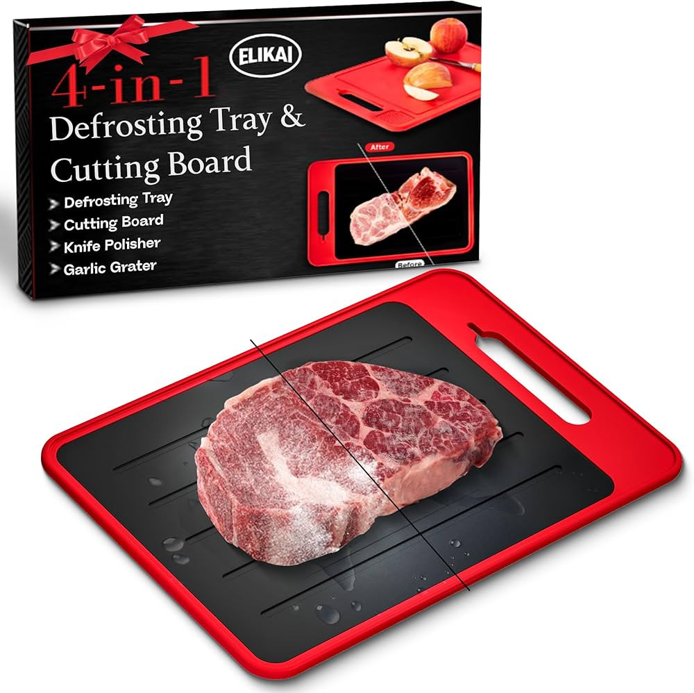 4-in-1 Defrosting Tray for Frozen Meat with Cutting Board, Knife Sharpener & Garlic Grater - Self... | Amazon (US)