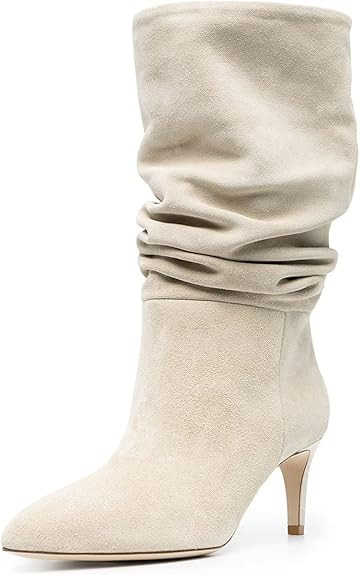 MOOMMO Women Slouch Stiletto Boots Mid Calf Pointed toe Suede Calf High Boots Pleated 3” Thin H... | Amazon (US)