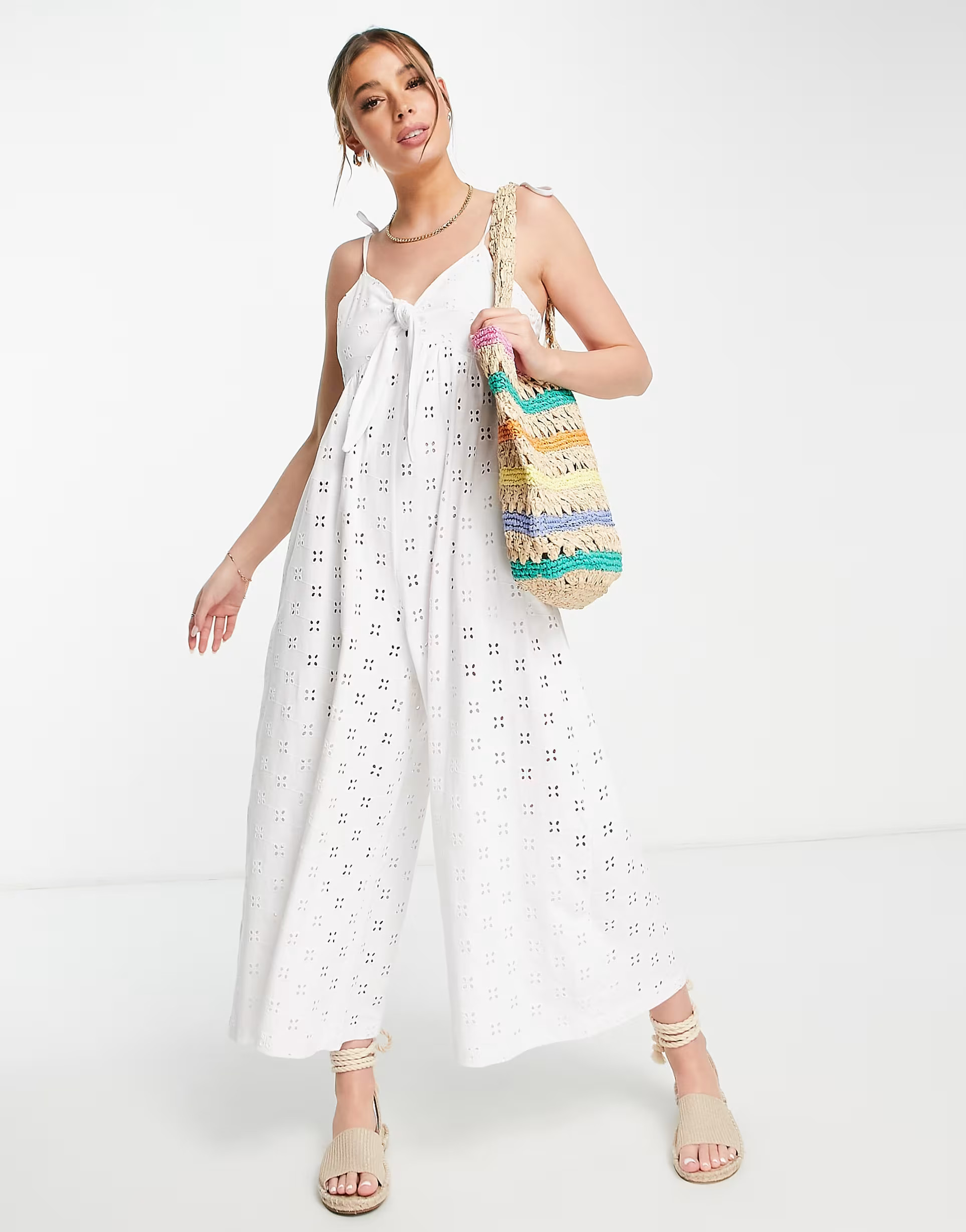 ASOS DESIGN broderie tie front jumpsuit in white | ASOS (Global)