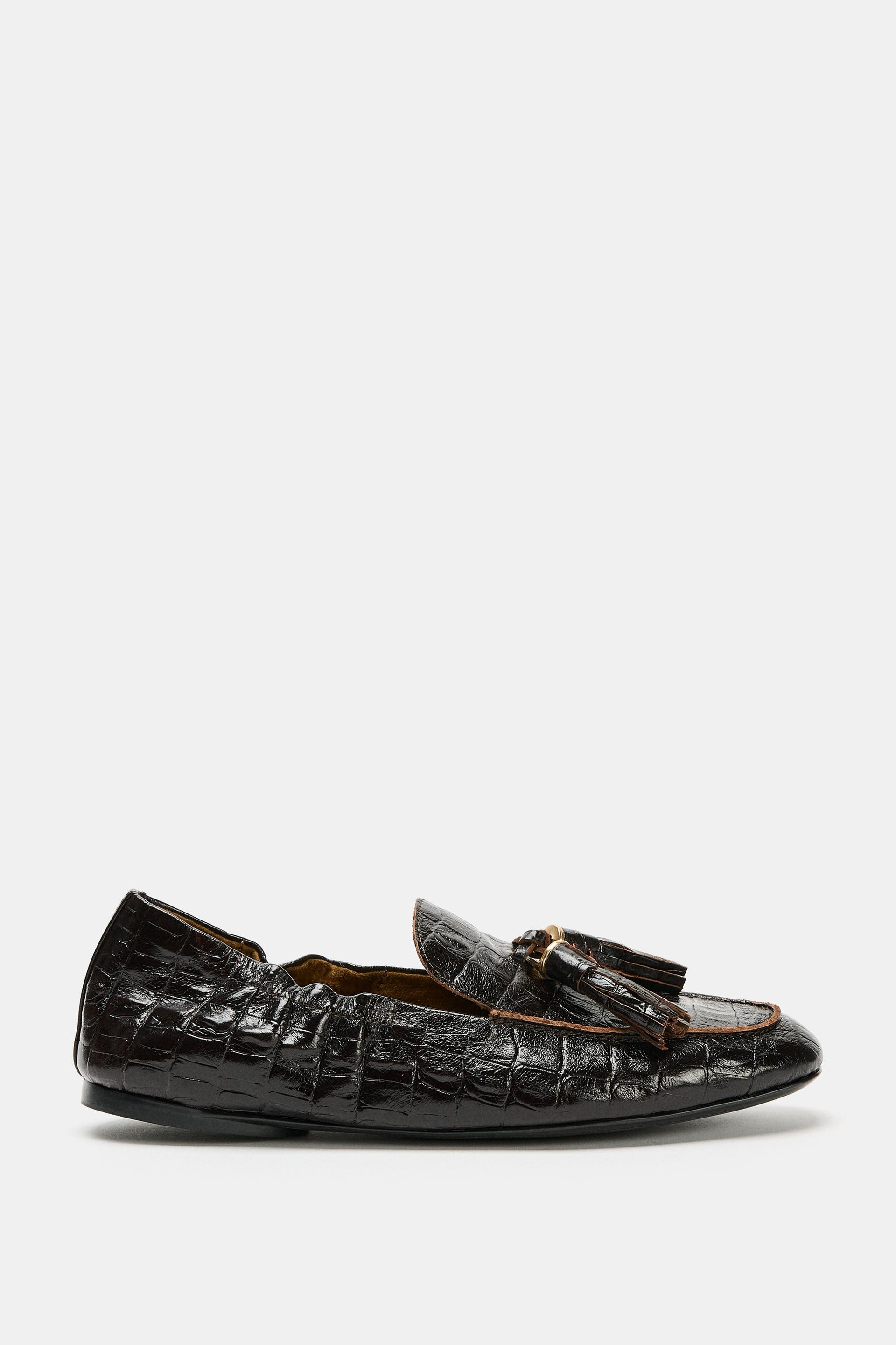 Zara - Printed Leather Loafers - Brown - 8 - Woman | Zara UK