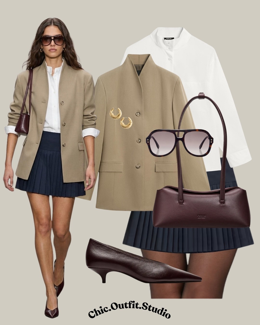 Beige Blazer + Pleated Navy Skirt + White Blouse

✨A structured beige blazer layered over a crisp white blouse and pleated navy mini skirt creates a polished fall office outfit with a refined preppy feel. Burgundy leather accessories and pointed heels add a rich autumnal accent, making the neutral-and-navy combination feel sophisticated and feminine. 

✨Perfect for the office, business casual meetings, client lunches, presentations, brunch, museum days, or polished weekend plans. An elegant blazer-and-skirt formula that can easily be adapted with tights and boots as temperatures drop.

✨Tags: beige blazer outfit women, navy skirt outfit women, pleated skirt work outfit, fall office outfit women, white blouse blazer outfit, preppy fall outfit women, business casual skirt outfit, neutral blazer outfit, burgundy bag outfit, pointed heels outfit women, elegant fall outfit, European preppy style, classic capsule wardrobe, feminine workwear outfit, autumn office fashion, polished fall style

#LTKautumn #LTKworkwear #LTKeurope