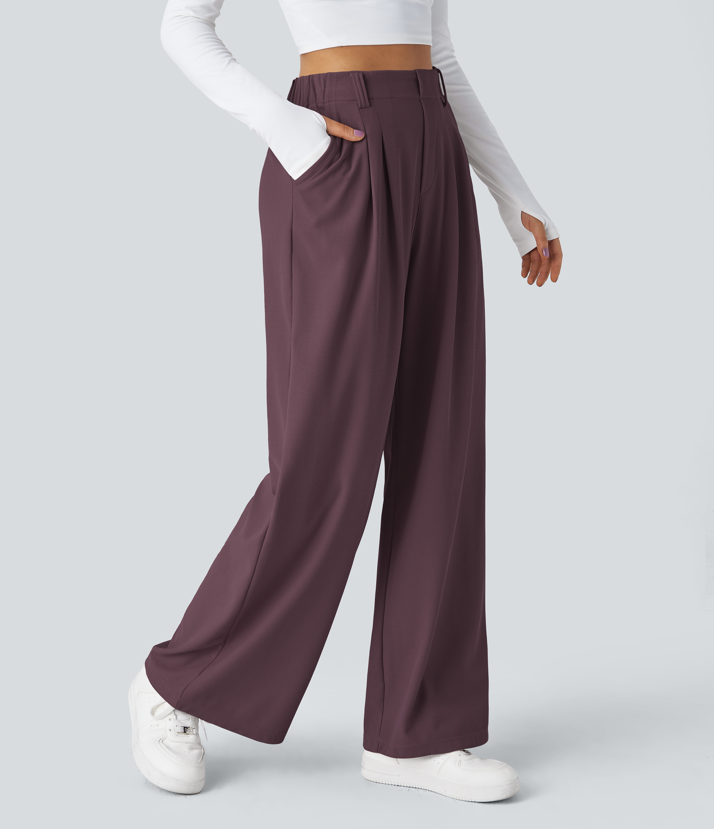 Halara Halara Flex™ High Waisted Side Pocket Wide Leg Waffle Work Pants - Plum Wine - M(regular) sweatpants jogger pants stacked sweatpants | HALARA