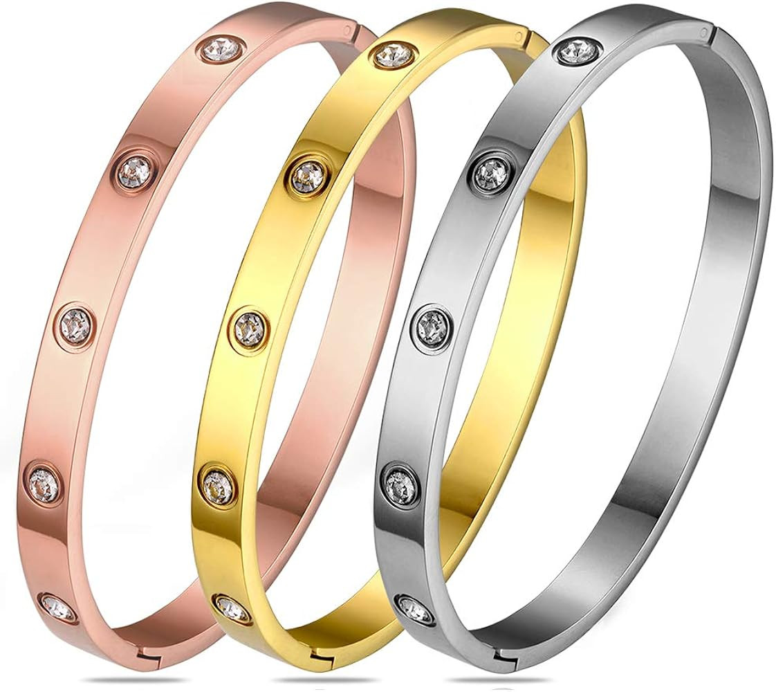 Gold Plated Bangle Bracelets for Teen Girls Jewelry, Stainless Steel Love Bracelets with Cubic Zirco | Amazon (US)