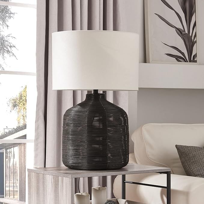 Henn&Hart 27" Tall Oversized/Rattan Table Lamp with Fabric Shade in Black Rattan/White, Lamp, Des... | Amazon (US)
