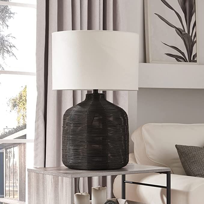 Henn&Hart 26.5" Tall Oversized/Rattan Table Lamp with Fabric Shade in Black Rattan/White | Amazon (US)