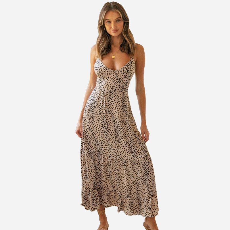 Women's Leopard Plunging Neck Lace Up Maxi Slip Dress -Cupshe - Brown | Target