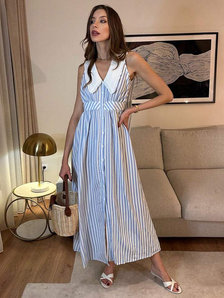 Pariaura Women's Summer Blue & White Striped Sleeveless Fashion Vacation Split Hem Dress | SHEIN
