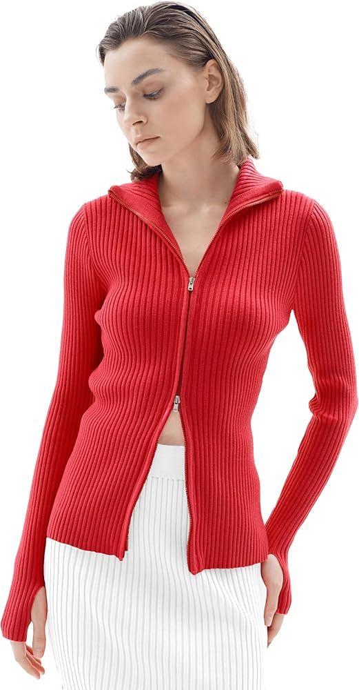 v28 Women Zip Up Long Sleeve Slim Fit Ribbed Knit Mock Neck Cardigan Sweaters | Amazon (US)