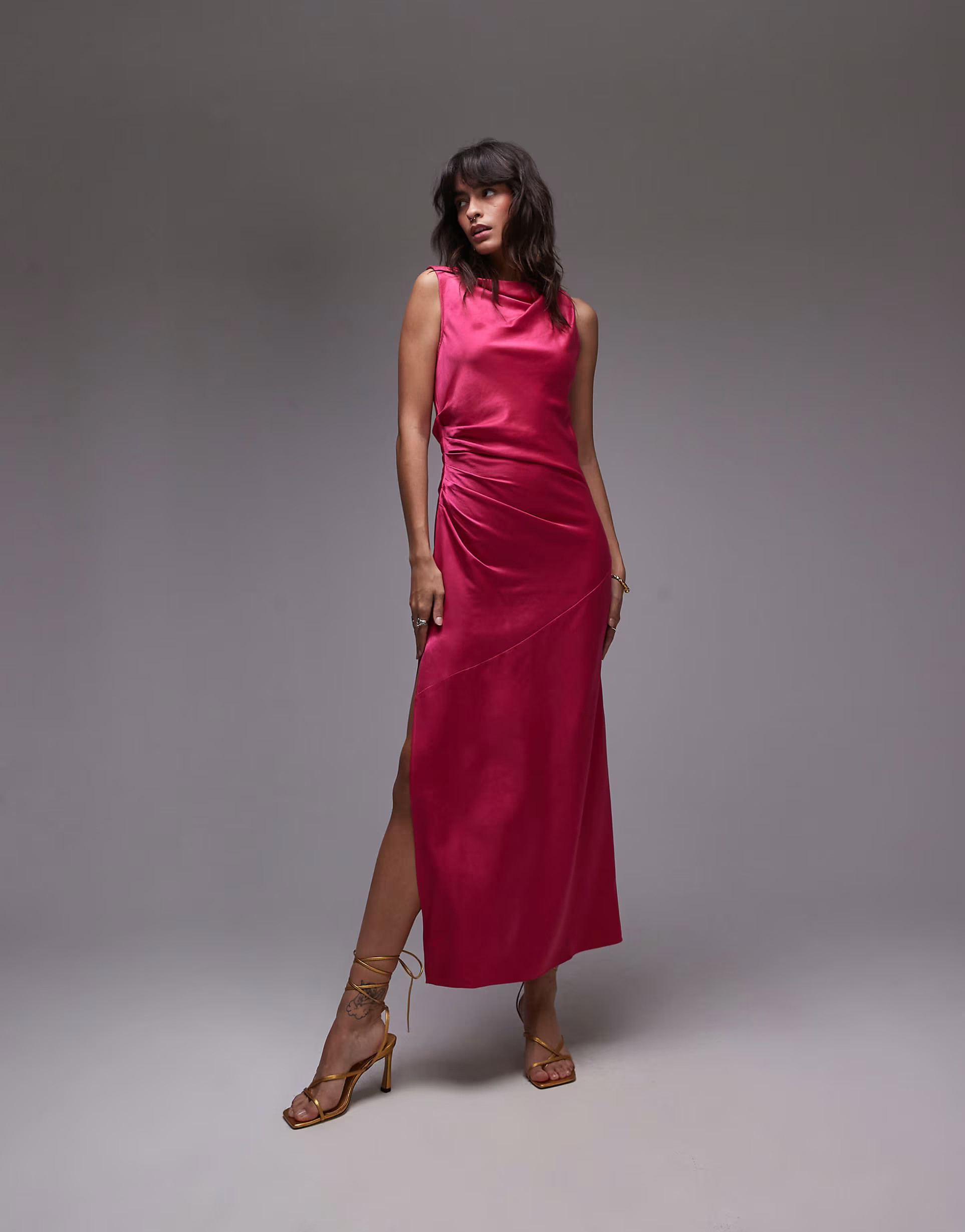 Topshop knot shoulder pintuck waist satin midi in pink | ASOS (Global)