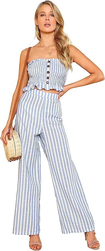 Floerns Women's Strapless Tube Top and Pants Two Piece Set | Amazon (US)