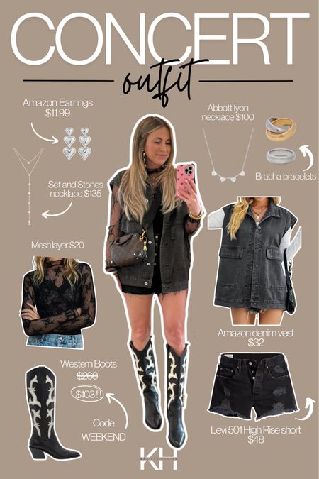 Last nights country concert outfit breakdown!! It was so fun to put this outfit together!! 

#western #boots #westernoutfit #denimvest #meshshirt #necklace #layernecklace #bracelets #denimshorts #cowboyboots #concertoutfit

#LTKshoecrush #LTKitbag #LTKstyletip