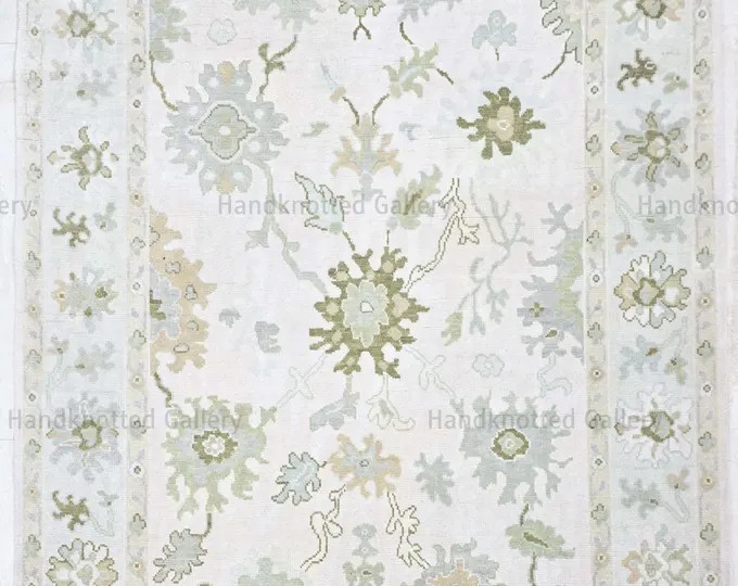 Handwoven Beige Oushak Rug: Blue & Green Wool Turkish Rug - Etsy | Etsy (US)