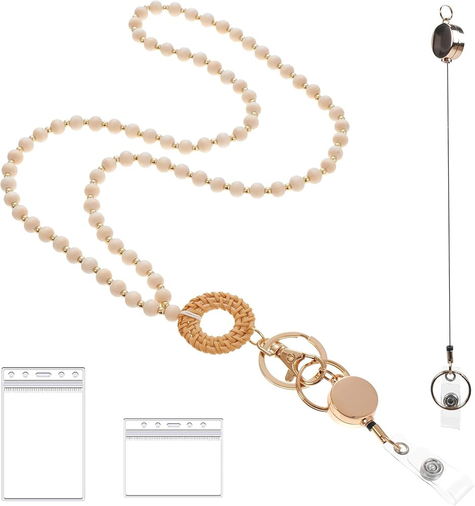 Wooden Beaded Lanyard for Women, ID Badge Holder for Teacher, Retractable Breakaway Keychain | Amazon (US)