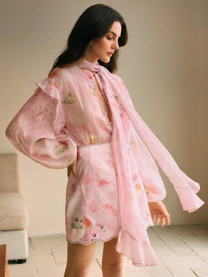 Anewsta Floral Print Sheer Blouse With Ruffled Tie Neck Design, French Tea Party Style | SHEIN