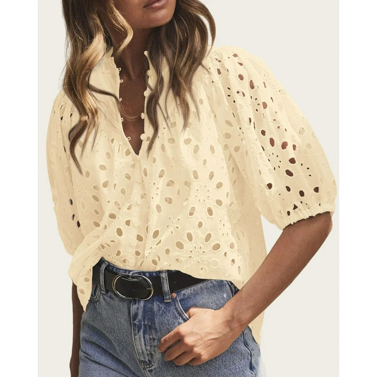 PRETTYGARDEN Women's Summer Tops Dressy Casual Short Lantern Sleeve V Neck Buttons Hollow Out Lac... | Walmart (US)