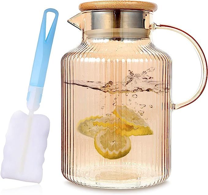 LUCKY-GO Glass Pitcher with Lid, Iced Tea Pitcher, 61 Ounces Stainless Steel Glass Water Pitcher,... | Amazon (US)