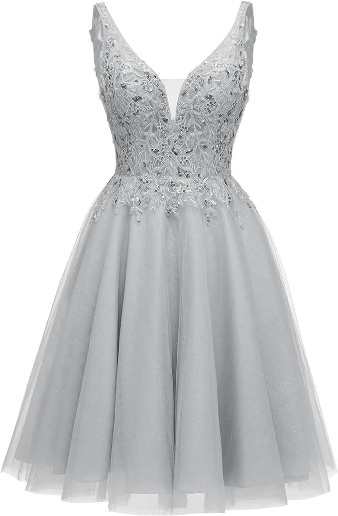Tulle V-Neck Homecoming Dresses Short Glitter Prom Dresses for Teens Sequin Lace Cocktail Dress 2... | Amazon (US)