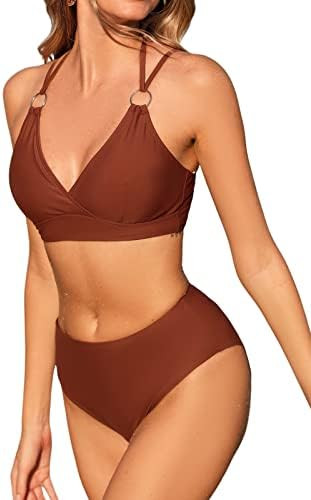 CUPSHE Women Swimsuit Bikini Set Two Piece High Waisted Halter Widened Hem O Ring Connected Bathi... | Amazon (US)
