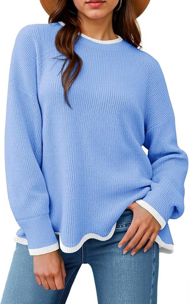 Saodimallsu Womens Contrast Color Pullover Sweaters Crewneck Knit Tops with Wave Hem Long Sleeve ... | Amazon (US)