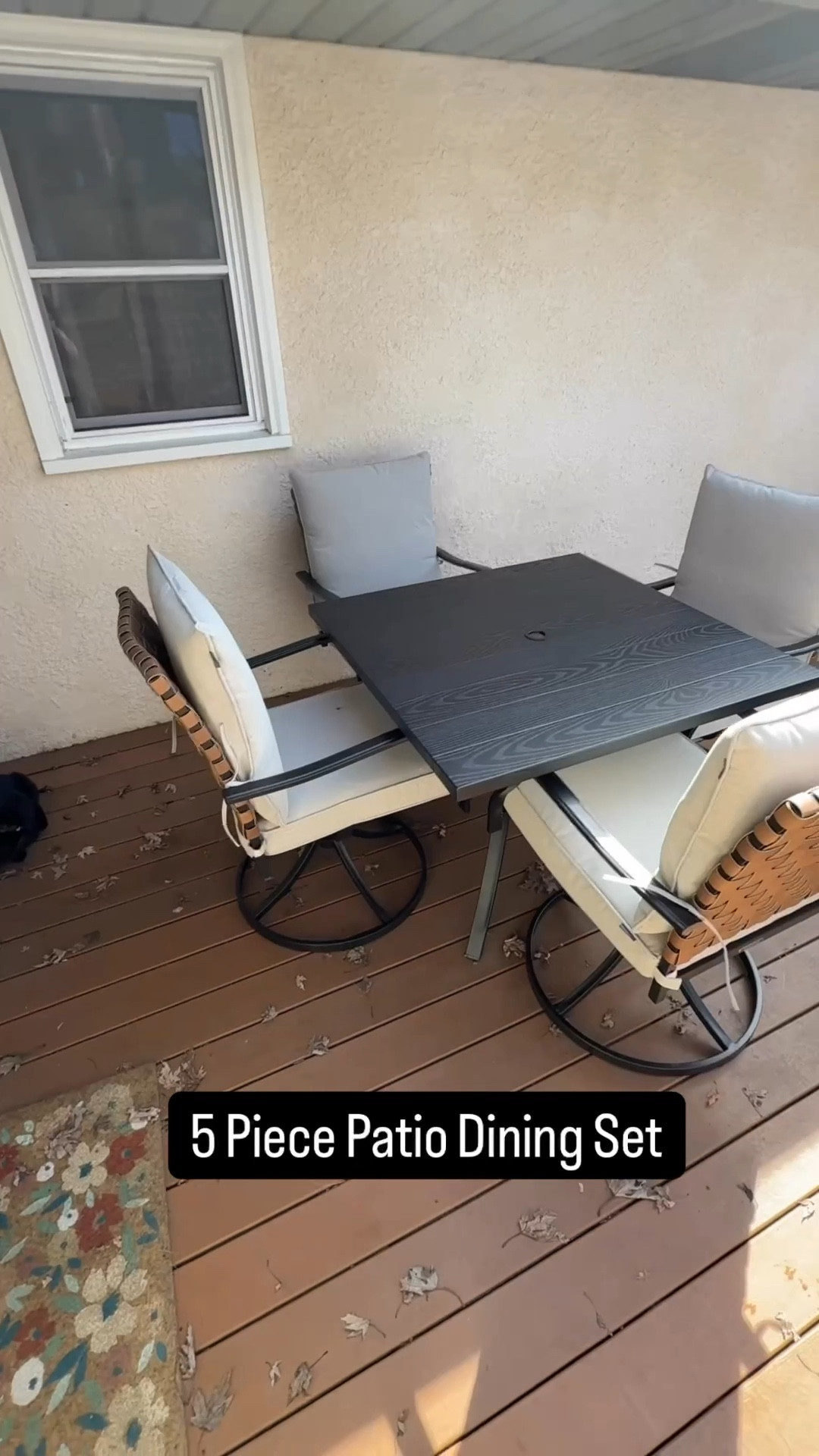 5 piece outdoor dining set. I love the faux leather wicker look of the backs. It’s a metal table, the chairs swivel and the cushions are removable.

#LTKHome