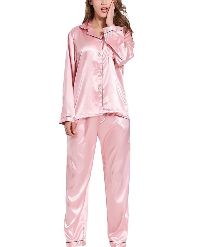 VlSl Womens Silk Satin Pajamas Set Two-Piece Long Sleeve Long Button-Down Sleepwear Loungewear | Amazon (US)