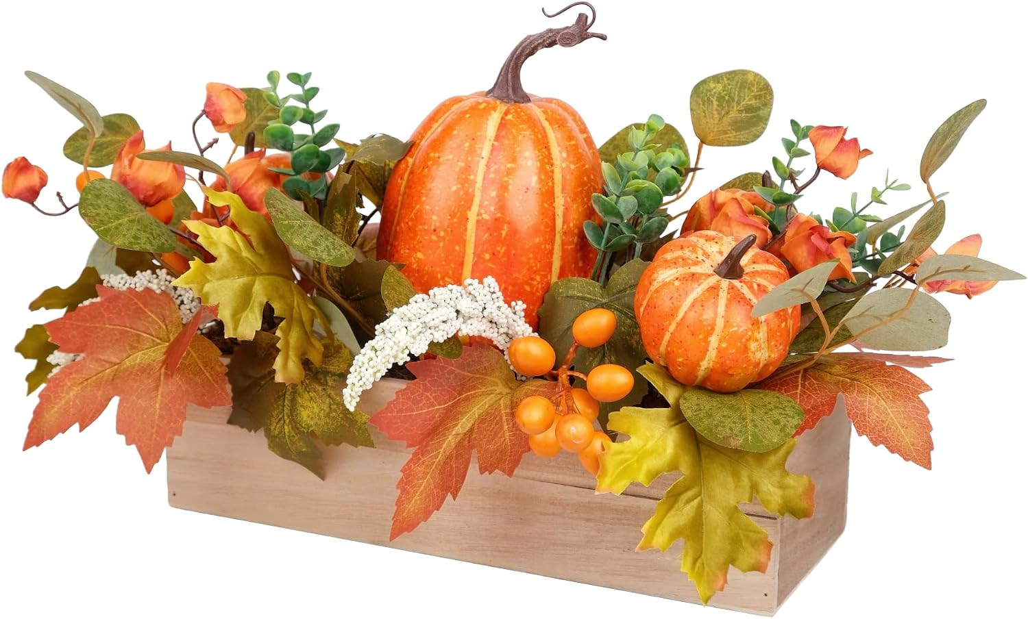 FLOROAD Fall Decor - Faux Pumpkins & Maple Leaves in Wood Box for Table Centerpiece, Shelf, Mantel, Window Sill Decor - Autumn Thanksgiving Arrangement for Home Indoor Outdoor - 14 inch | Amazon (US)