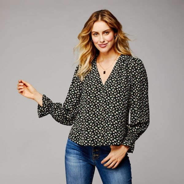 Floral V-Neck Button Down Top in Black | Wantable | Wantable