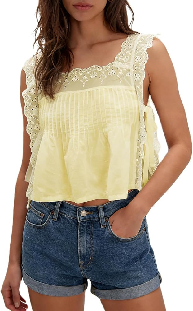 Women Lace Vest Tanks Y2K Sleeveless Split Side Tie Tank Top Sheer Ruffle Cami Shirt Summer Going... | Amazon (US)
