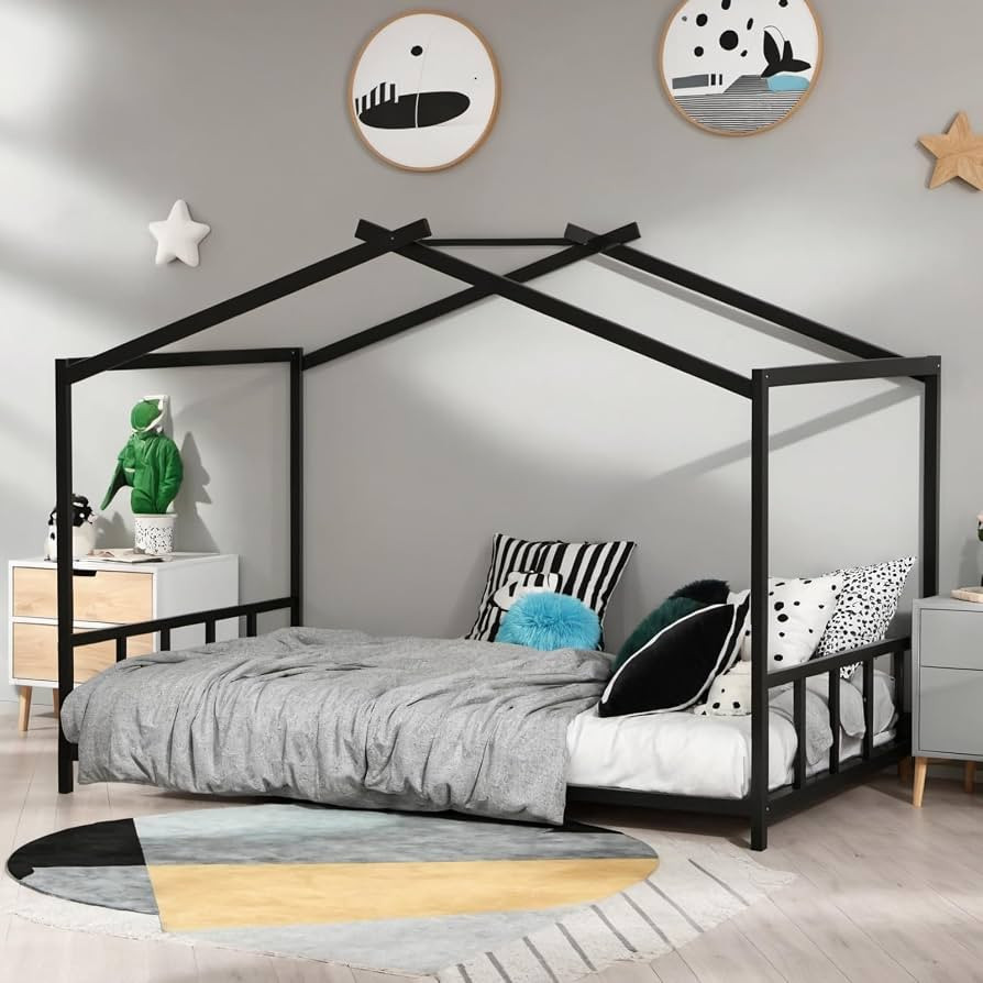 Twin Size Montessori Toddler Floor Bed with Headboards and Footboards, Metal House-Shaped Bed Fra... | Amazon (US)