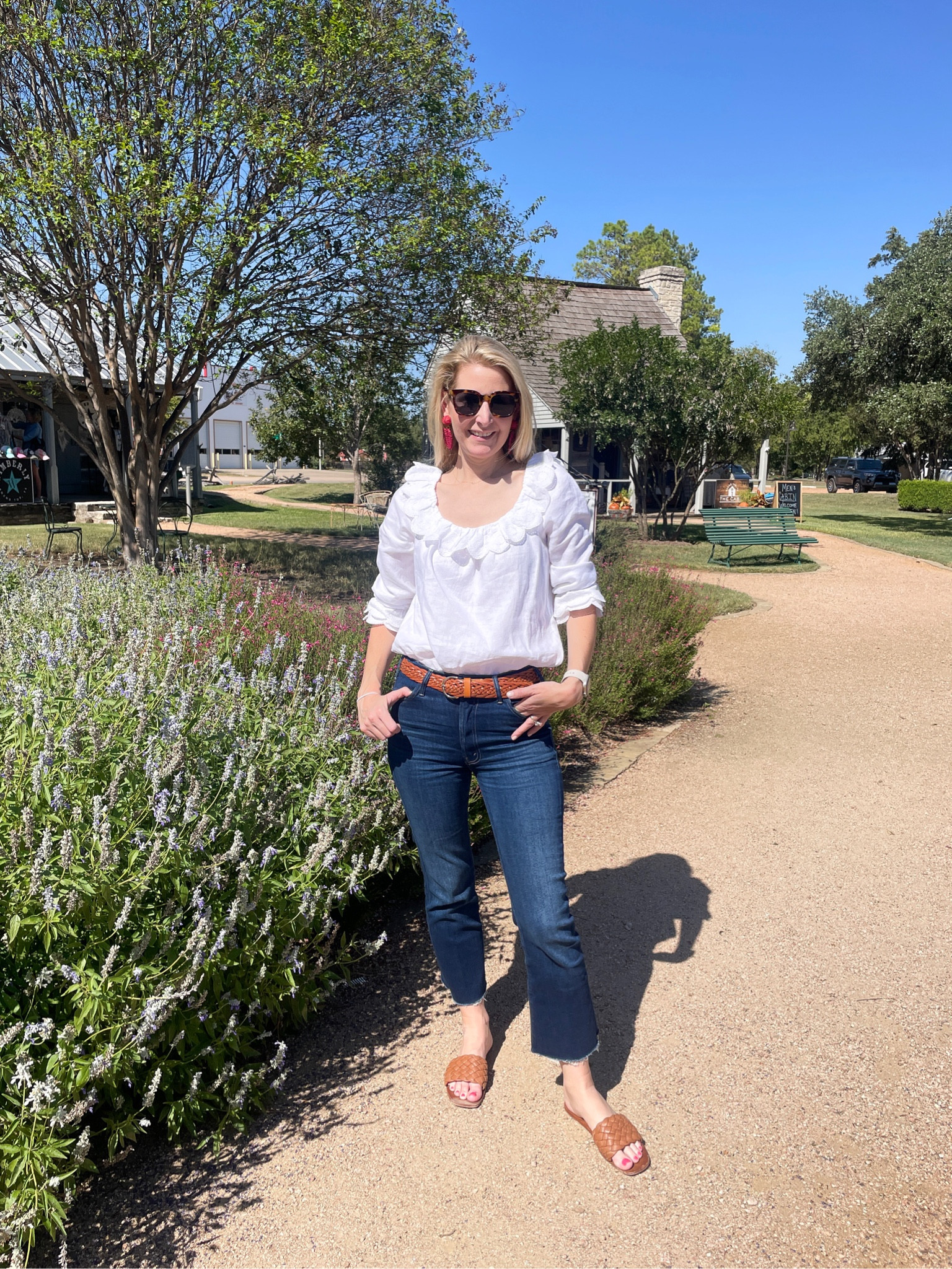 Ruffled shirt.  Mother jeans. Round top outfit. 

#LTKunder100 #LTKSeasonal #LTKunder50