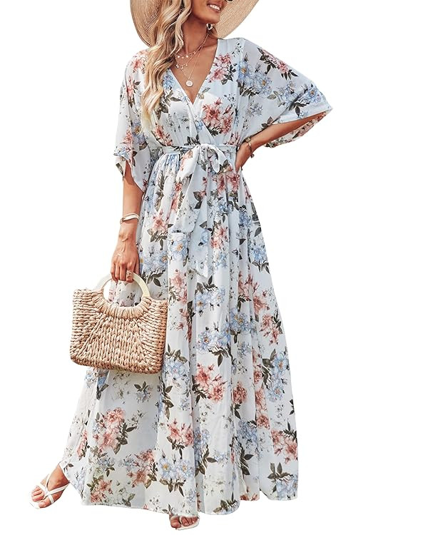 ANRABESS Women’s Summer Loose Boho Flowy Wrap V Neck 3/4 Sleeve Floral Print Slit Beach Wedding... | Amazon (US)