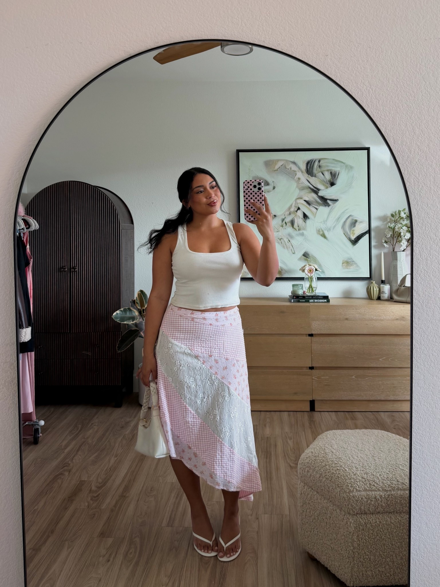 Spring outfit inspo, skirt is PrincessPolly (SO cute for spring/ anything warm) runs true to size (wearing a US 8) has a zipper on the side, minimal stretch 