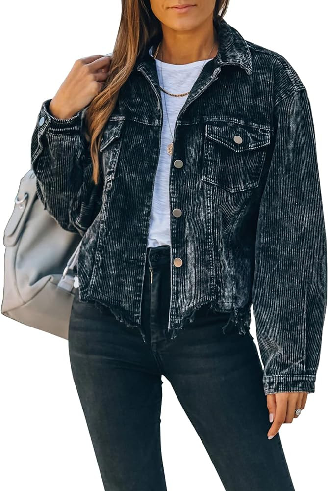Womens Cropped Corduroy Jacket Casual Button Down Shacket Coat Fringe with Frayed Hem | Amazon (US)