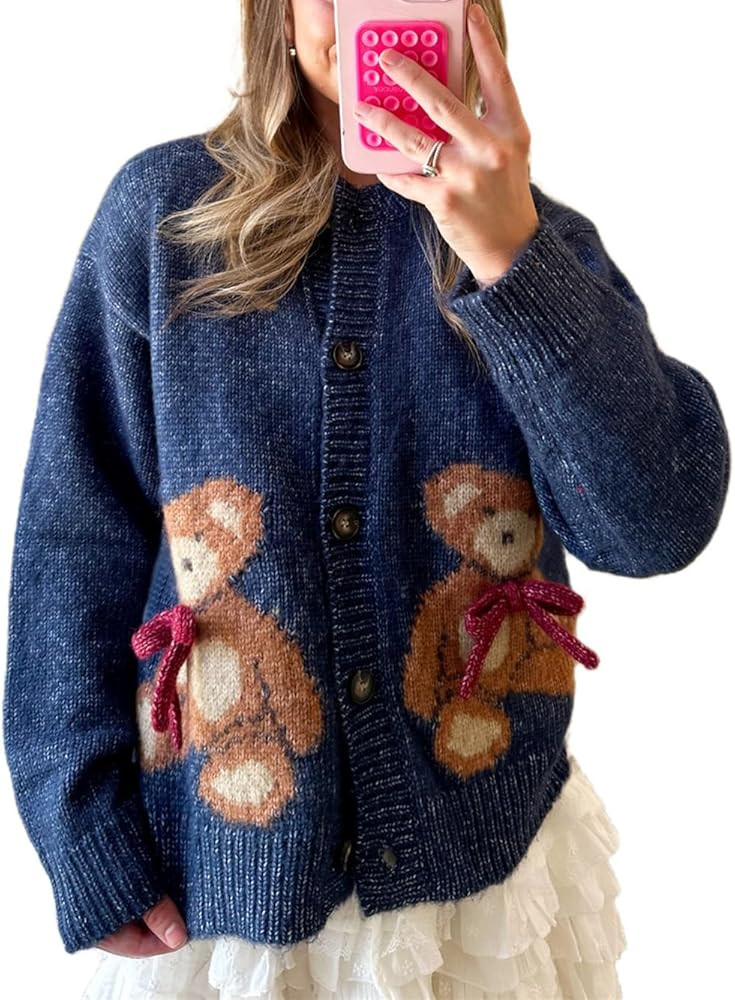 Women Button Down Cardigan Sweaters Cute Bow Bear Knitted Pattern Casual Fall Winter Cardigan Coa... | Amazon (US)