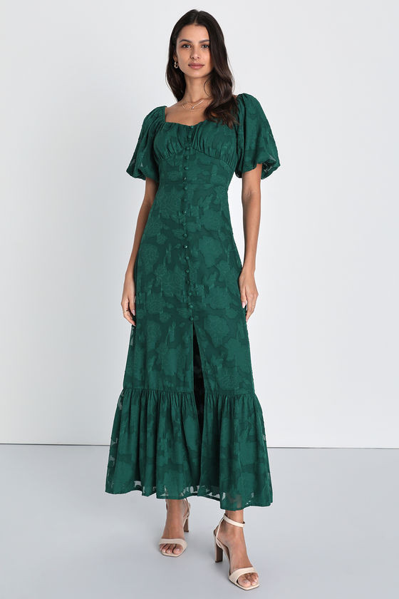 Emerald Green Floral Jacquard Midi Dress | Green Floral Dress | Lulus Dresses | Lulus (US)