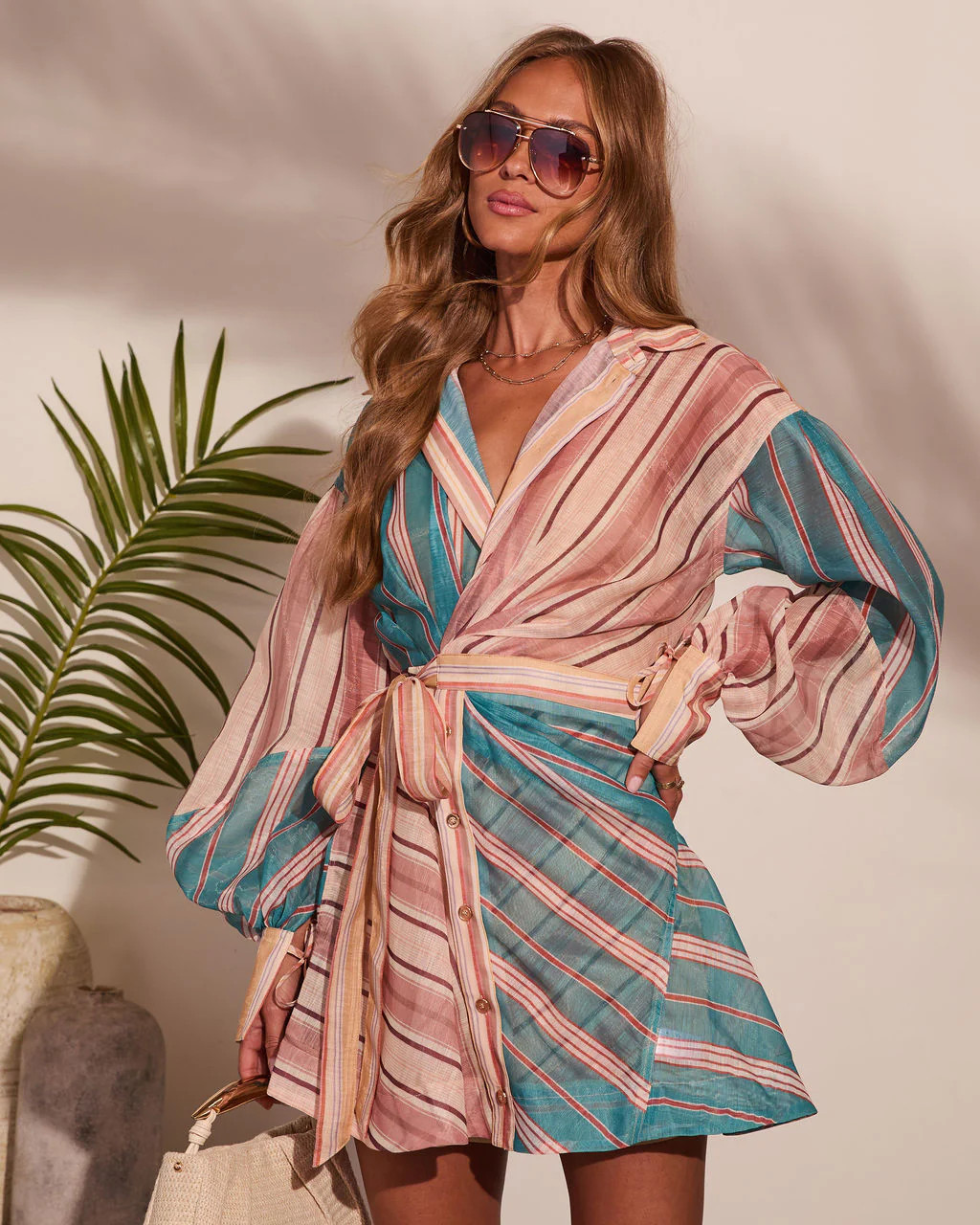 Slow Tide Striped Color Block Wrap Tie Mini Shirt Dress | VICI