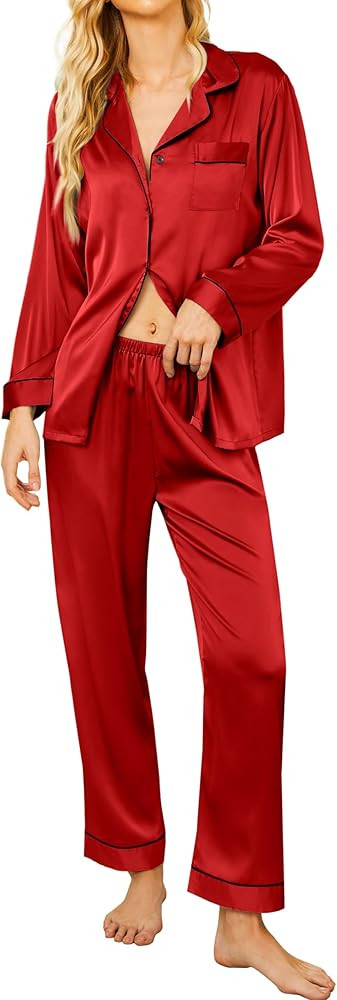 Ekouaer Silk Satin Pajamas Women's Long Sleeve Pj Set Soft Button Down 2 Piece Sleepwear Loungewe... | Amazon (US)