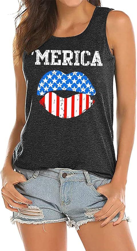 American Flag Print Tank Tops Women 4th of July Patriotic Tank Top Lip Graphic Sleeveless USA Fla... | Amazon (US)