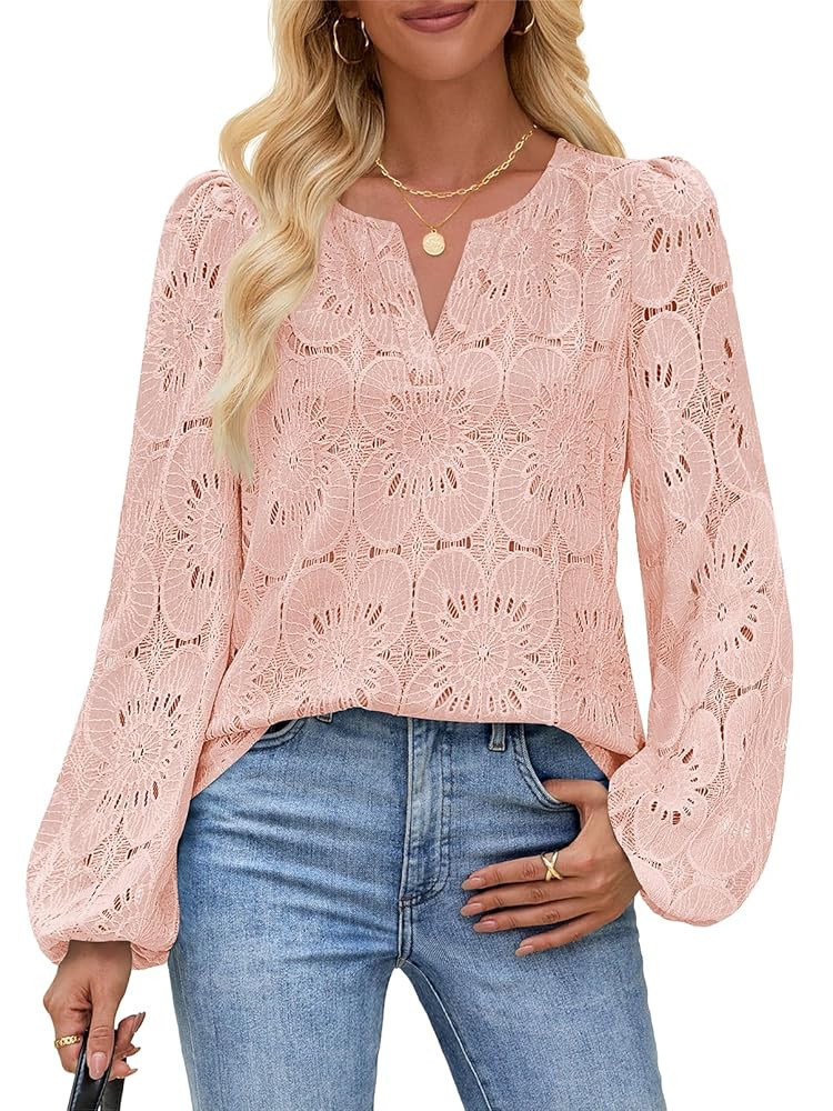 MEROKEETY Women's Eyelet Long Sleeve Tops Dressy Casual V Neck Shirts Fall Trendy Crochet Lace Bl... | Amazon (US)