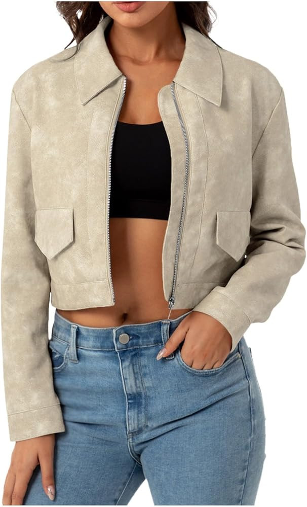 Womens Cropped Jacket Women's Coats Jackets Leather Coats Windbreaker with Pocket | Amazon (US)