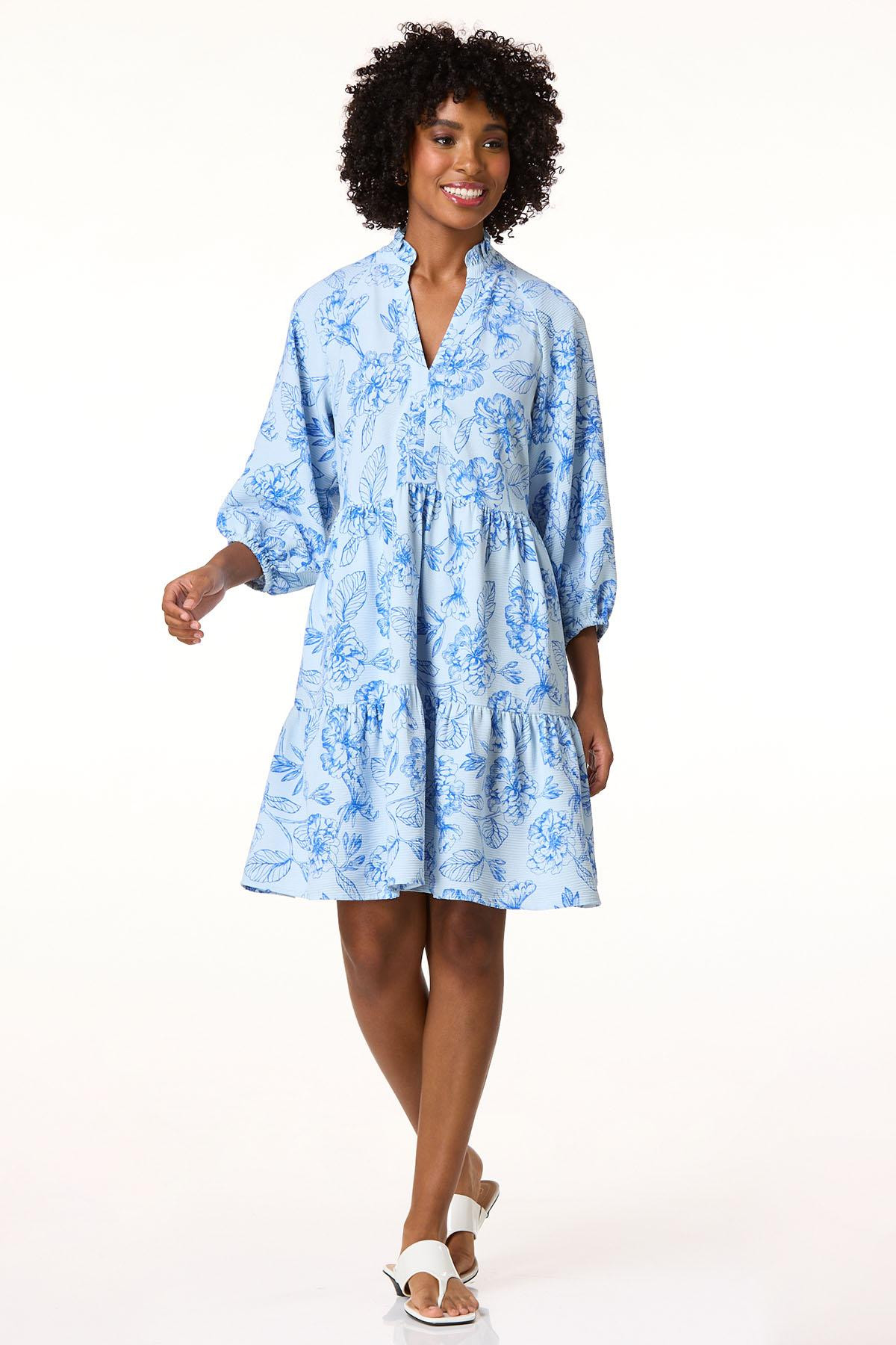 Flowy Textured Blue Floral Dress | Cato Fashions