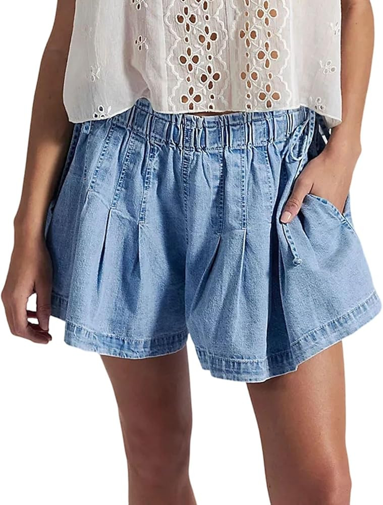 CHARTOU Women Summer Y2k Pleated Flare Jean Shorts Denim Lightweight Elastic Waist Bow Tie Croque... | Amazon (US)