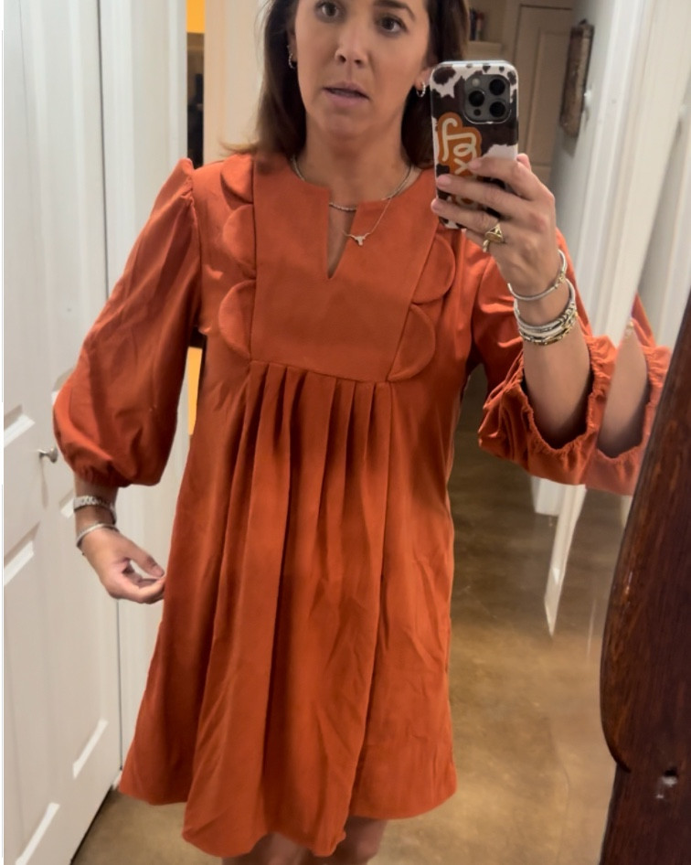 How cute is the $29 Corduroy scalloped detail mini dress in “cinnamon” ?? 