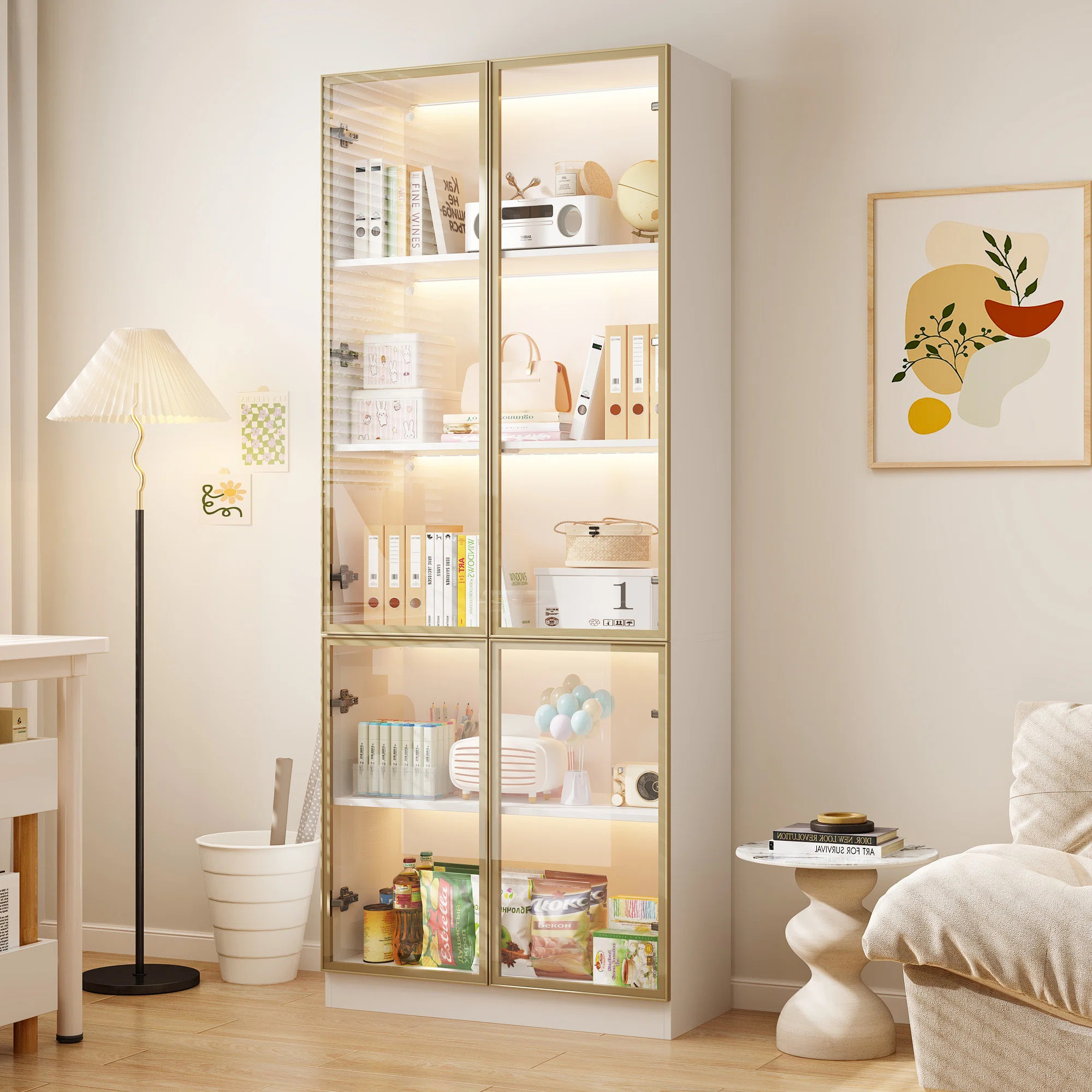 78.7'' H x 31.5'' W 5-Layer Bookcase With Glass Doors And LED Lights | Wayfair North America
