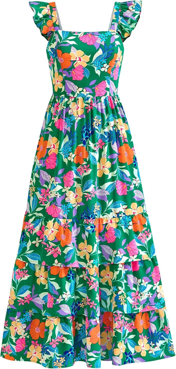 dowerme Summer Dresses for Women 2025 Casual Ruffle Smocked Tiered A-Line Boho Floral Maxi Beach ... | Amazon (US)