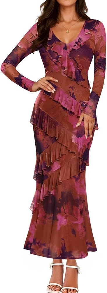ZESICA Women's Fall Floral Long Sleeve Maxi Dress 2025 Boho Bodycon V Neck Ruffle Wedding Party L... | Amazon (US)